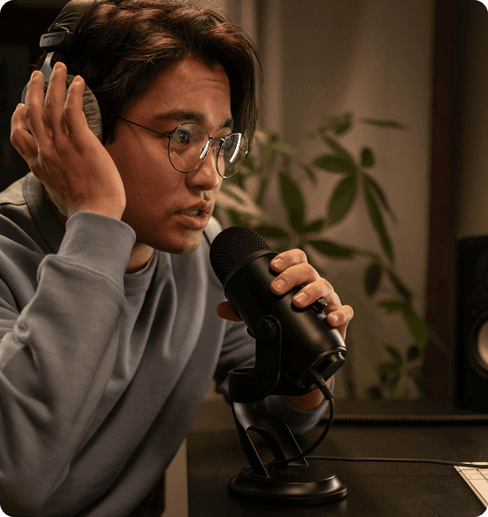 Podcast host recording an episode